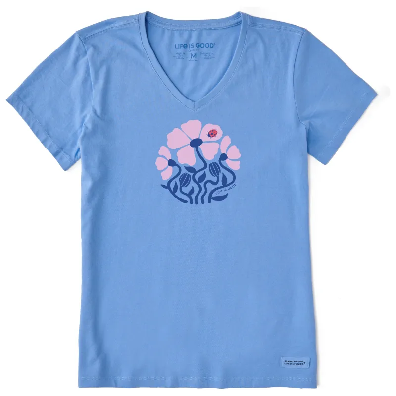 Women's Ladybug Flowers Short Sleeve Crusher-LITE Vee sold by Life is Good