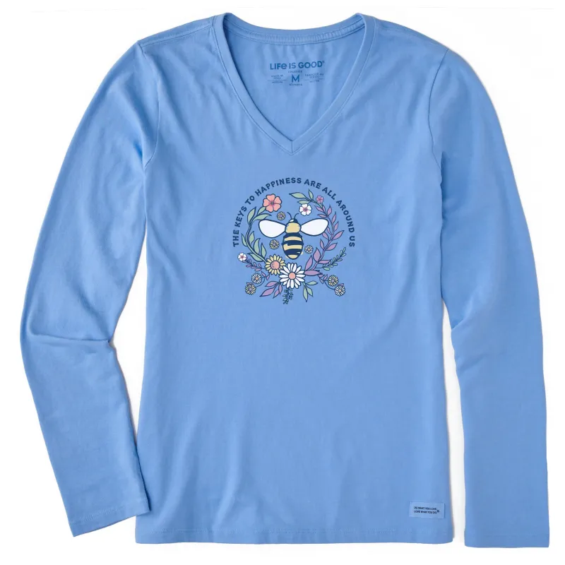 Women's Keys to Happiness Bee Long Sleeve Crusher Vee sold by Life is Good