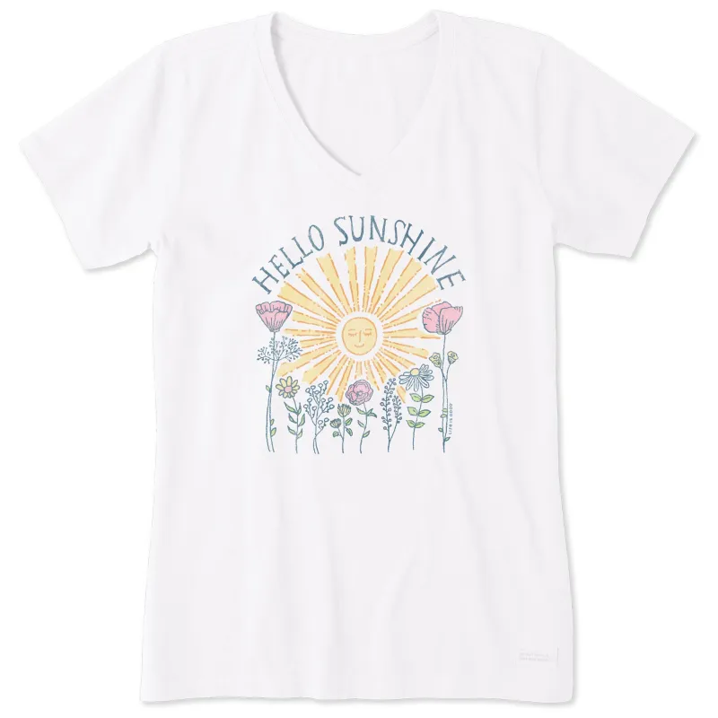 Women's Hello Sunshine Sun & Flowrs Short Sleeve Crusher Vee sold by Life is Good