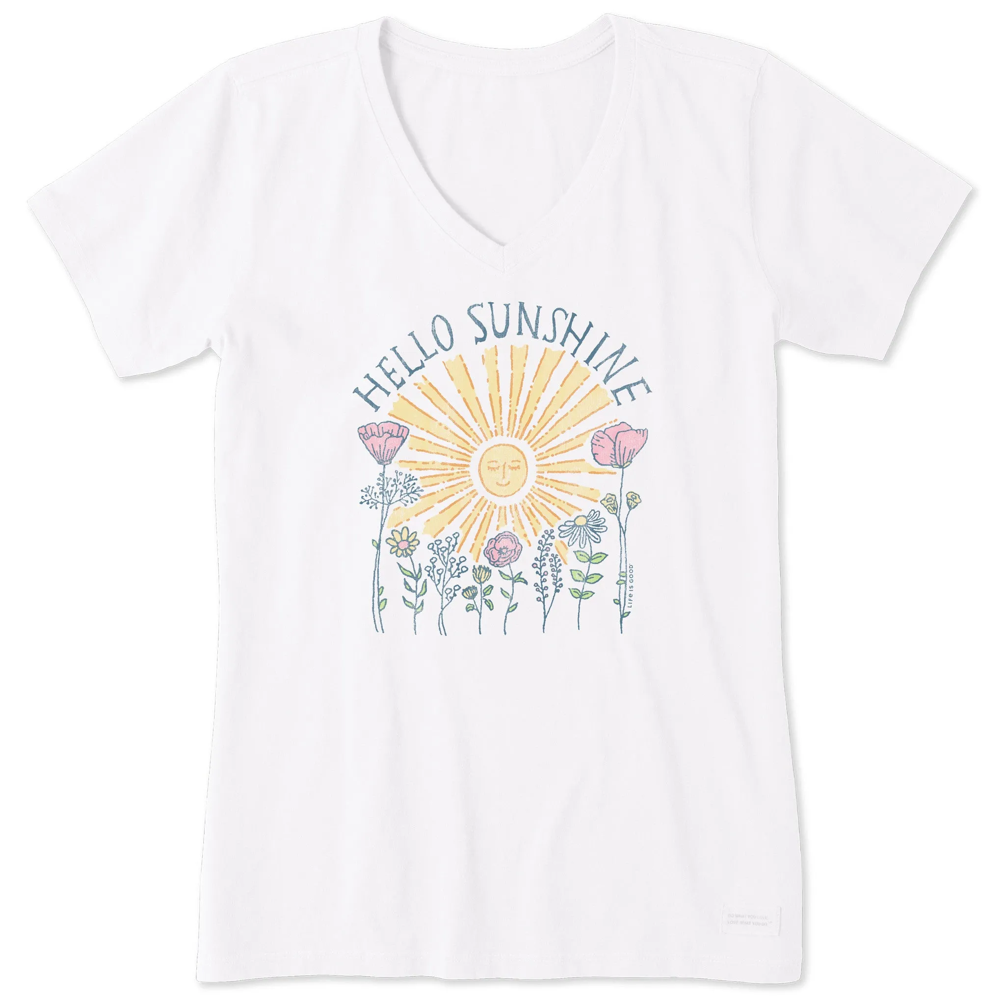 Women's Hello Sunshine Sun & Flowrs Short Sleeve Crusher Vee sold by Life is Good