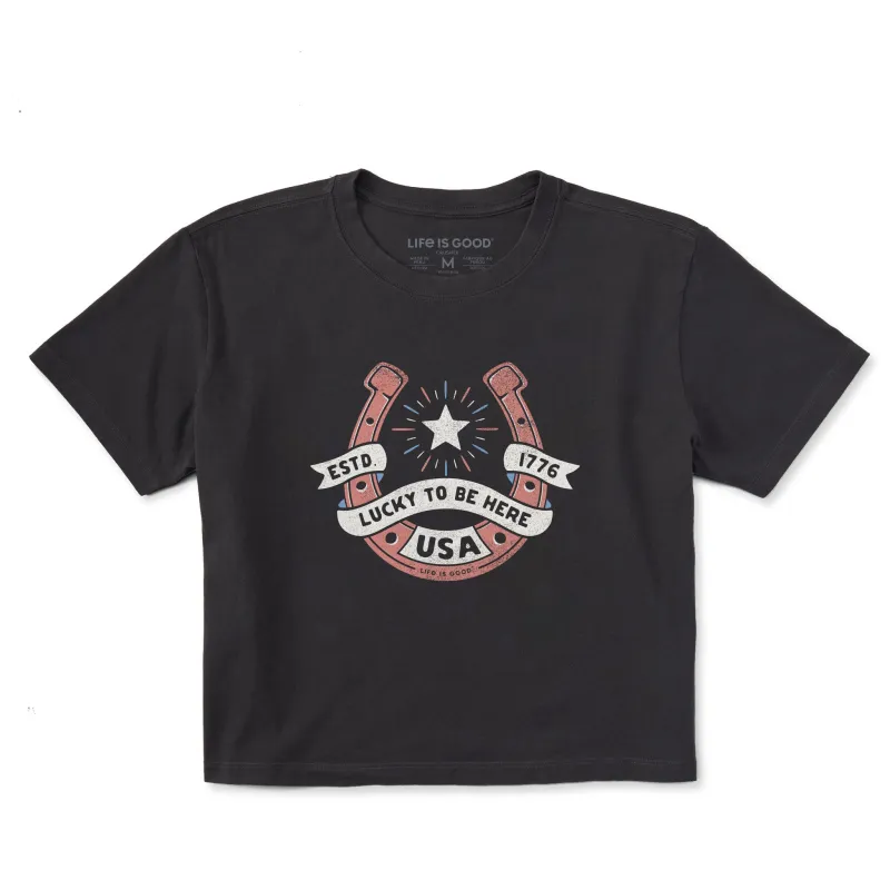 Women's Lucky to be Here in the USA Short Sleeve Crusher Boxy Tee sold by Life is Good