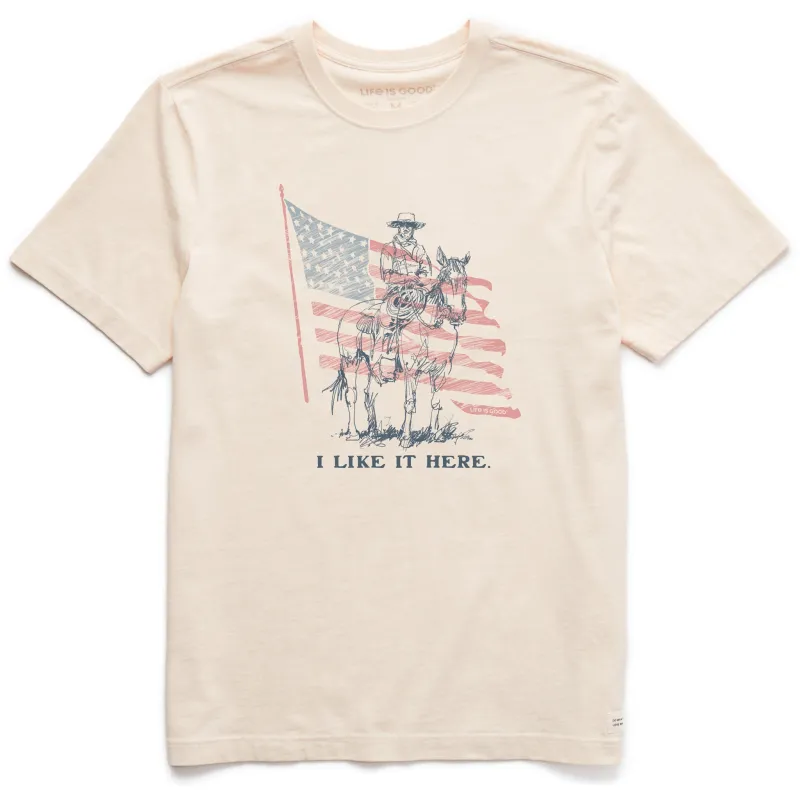 Men's I Like It Here Cowboy Short Sleeve Crusher Tee sold by Life is Good