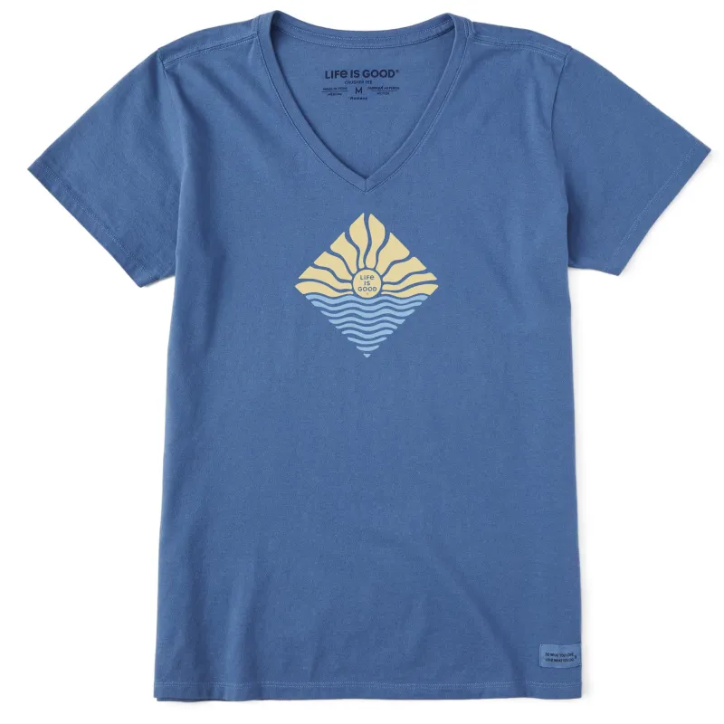 Women's Diamond Waves & Sun Short Sleeve Crusher Vee sold by Life is Good
