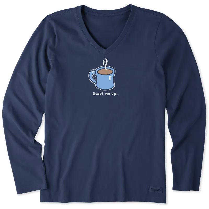 Women's Start Me Up Coffee Long Sleeve Crusher Vee sold by Life is Good