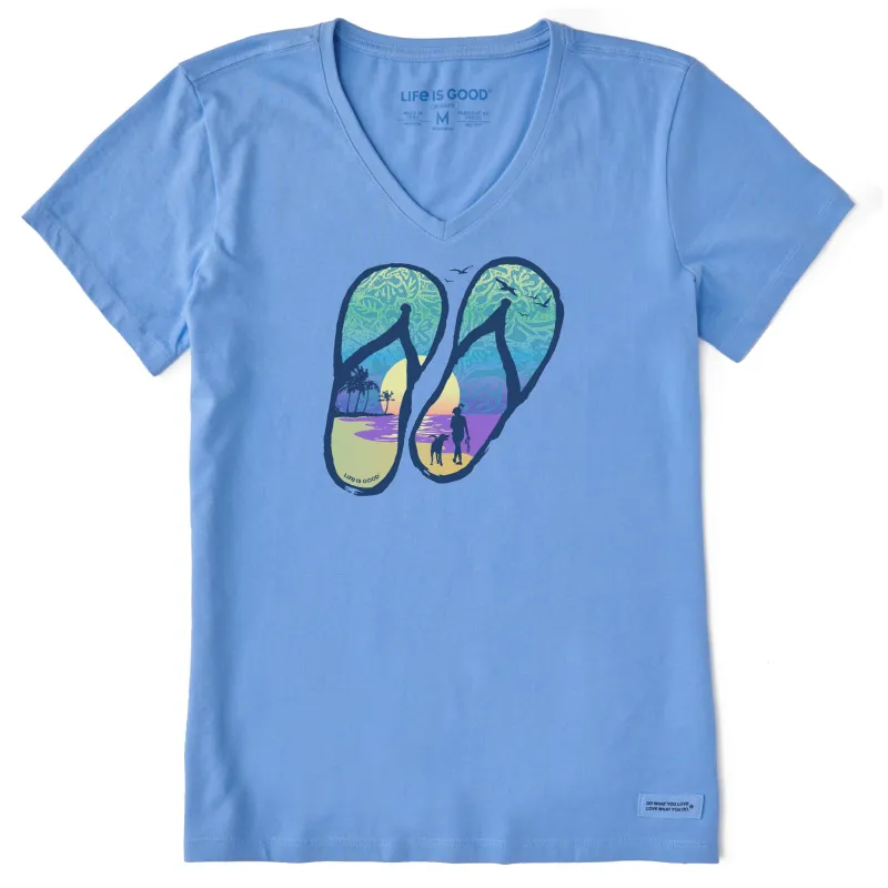 Women's Flip Flops Tropical Sunset Short Sleeve Crusher Vee sold by Life is Good
