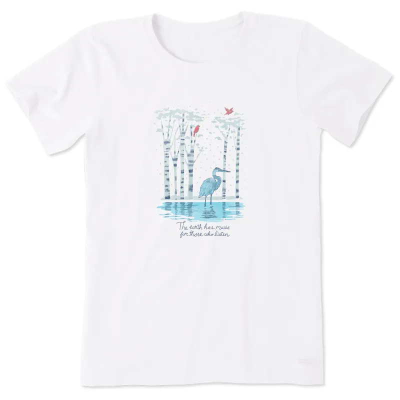 Women's Heron in Snowy Woods Short Sleeve Crusher Tee sold by Life is Good