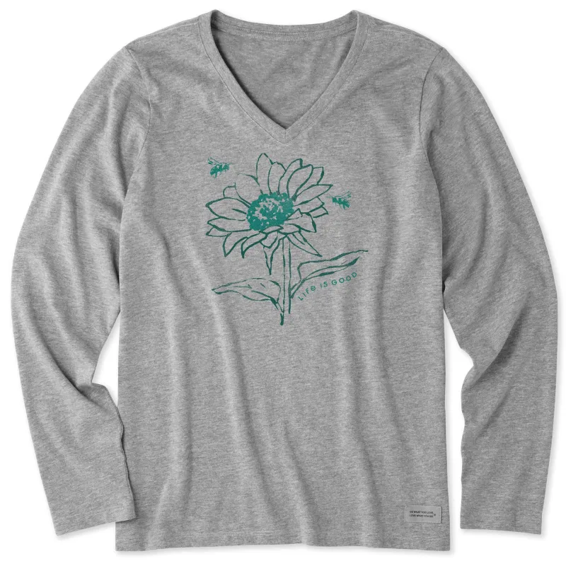 Women's Sunflower Bees Long Sleeve Crusher Vee sold by Life is Good