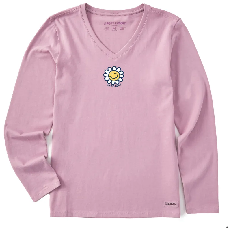 Women's Happy Smile Daisy Long Sleeve Crusher Vee sold by Life is Good