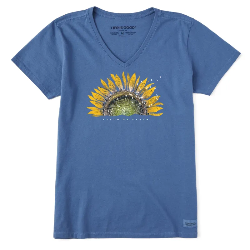 Women's Sunflower Dew Peace on Earth Short Sleeve Vee sold by Life is Good