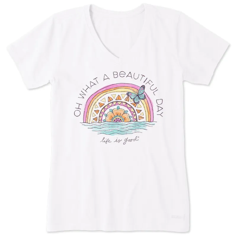 Women's Beautiful Day Butterfly Rainbow Short Sleeve Vee sold by Life is Good