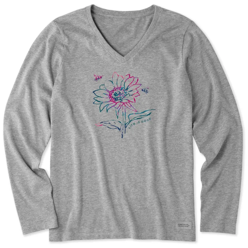 Women's Tie Dye Sunflower Bees Long Sleeve Crusher Vee sold by Life is Good