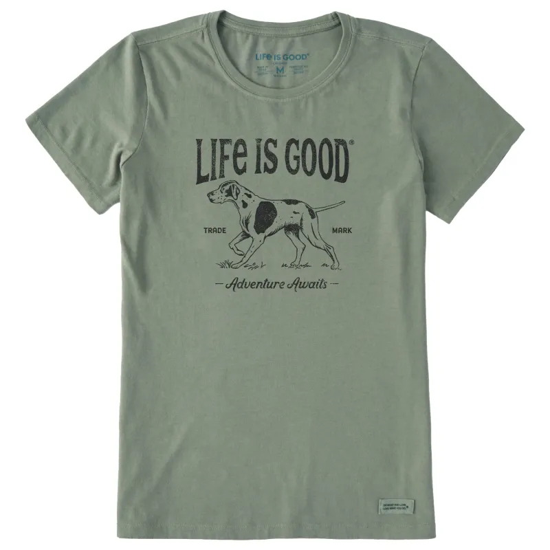 Women's Adventure Awaits Hunting Dog Short Sleeve Crusher Tee sold by Life is Good