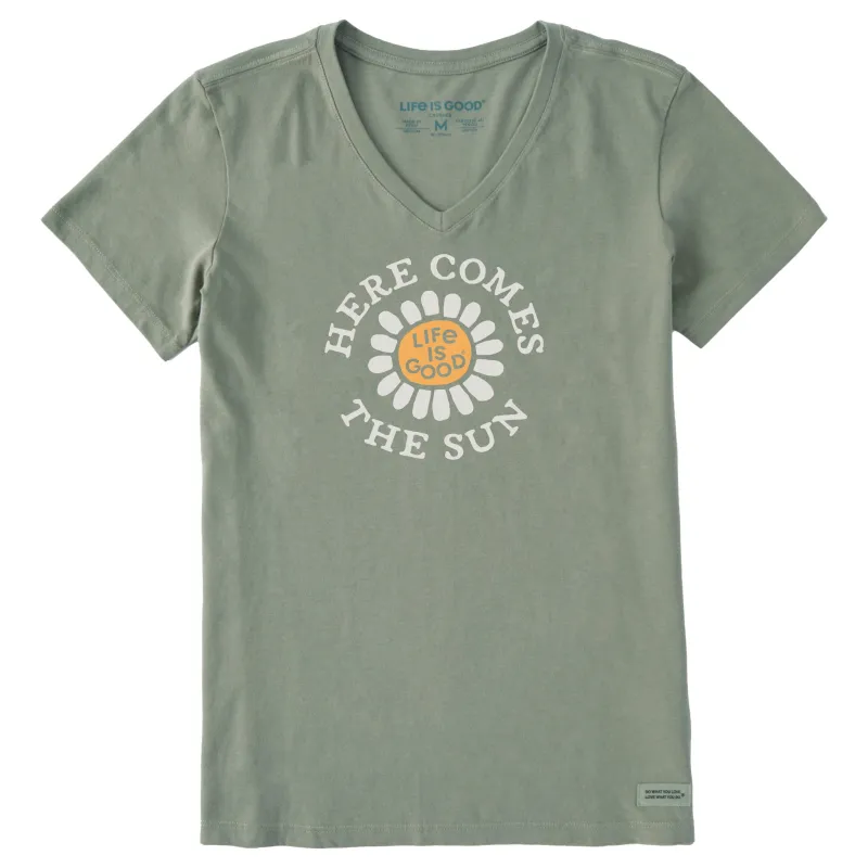 Women's Here Comes the Sun Flower Short Sleeve Crusher Vee sold by Life is Good