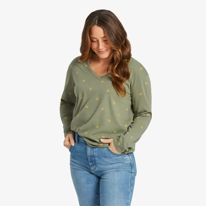 Women's Simple Sunflower Pattern Long-Sleeve Crusher-LITE Easy Vee sold by Life is Good