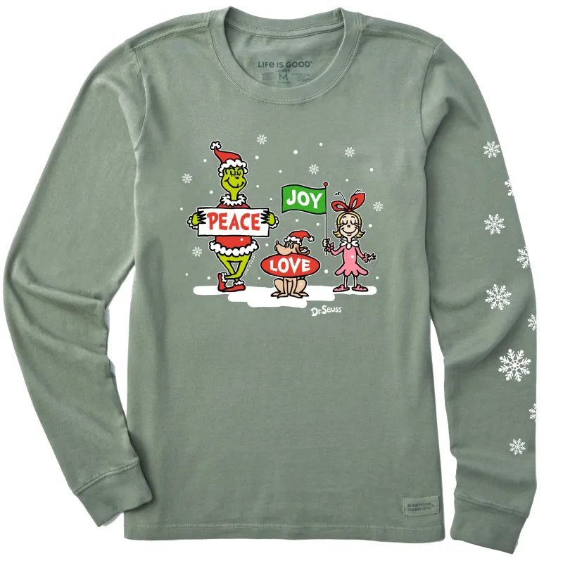 Women's Grinch Peace Love Joy Snow Long Sleeve Crusher Tee sold by Life is Good