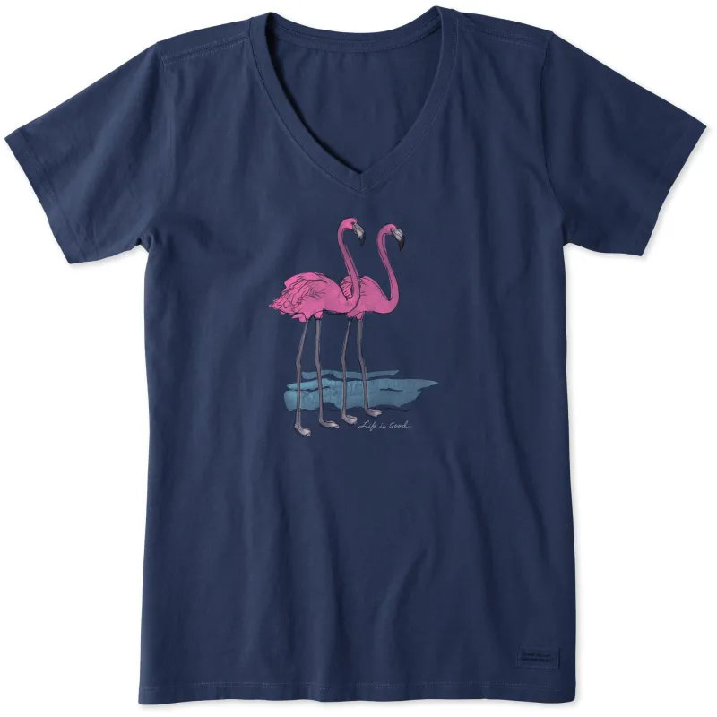 Women's Elegant Flamingos Short Sleeve Vee sold by Life is Good