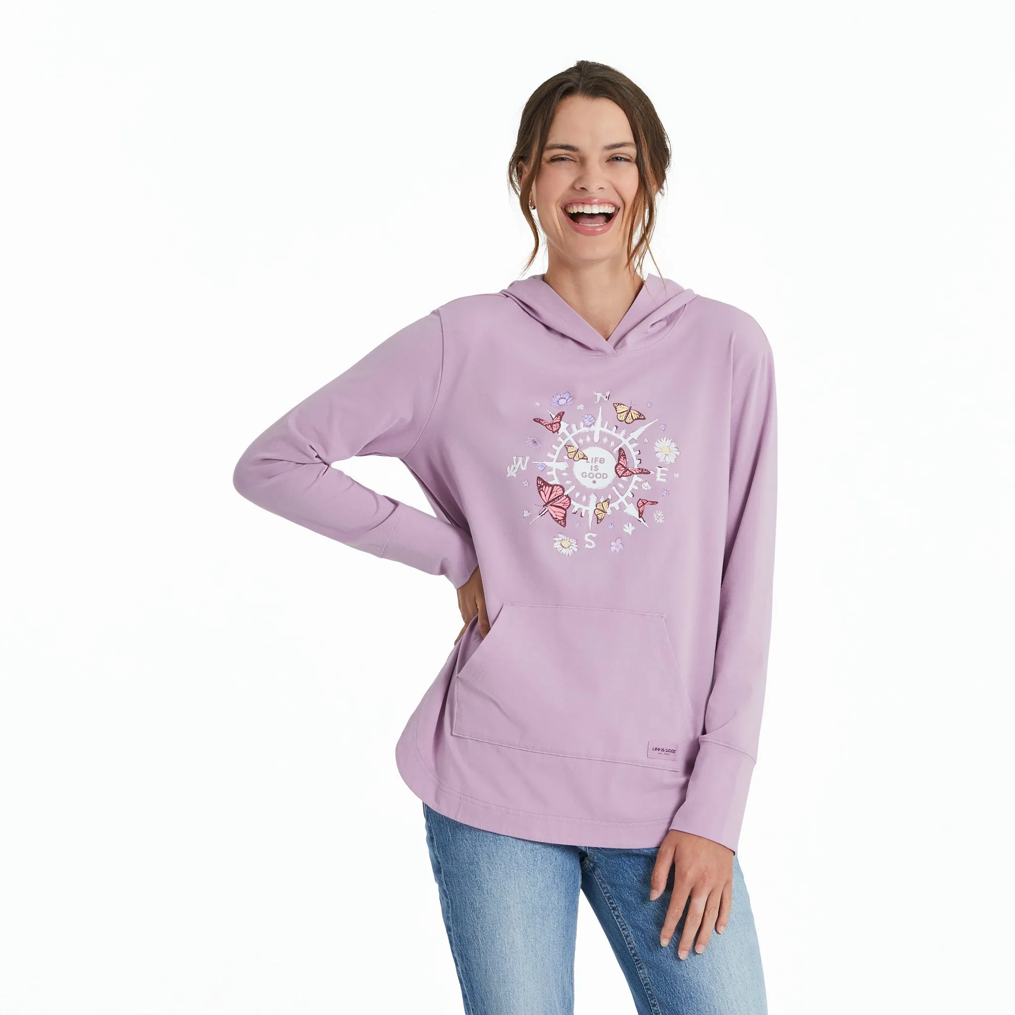 Women's Butterfly and Floral Compass Crusher-FLEX Hoodie Tunic sold by Life is Good