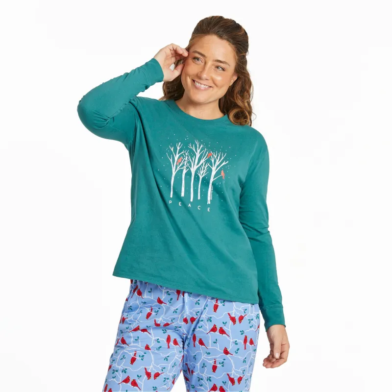 Women's Peaceful Cardinal Forest Long Sleeve Snuggle Up Relaxed Sleep Tee sold by Life is Good
