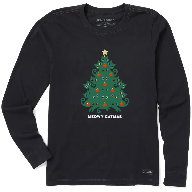 Women's Meowy Catmas Cat Christmas Tree Long Sleeve Crusher Tee sold by Life is Good