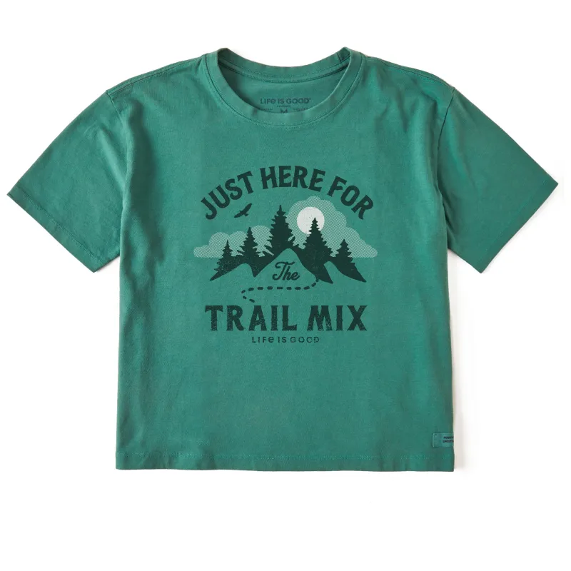 Women's just here for the Trail Mix Short Sleeve Crusher Boxy Tee sold by Life is Good