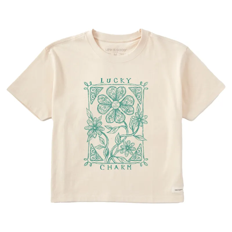 Women's Lucky Charm Clover & Flowers Short Sleeve Crusher Boxy Tee sold by Life is Good