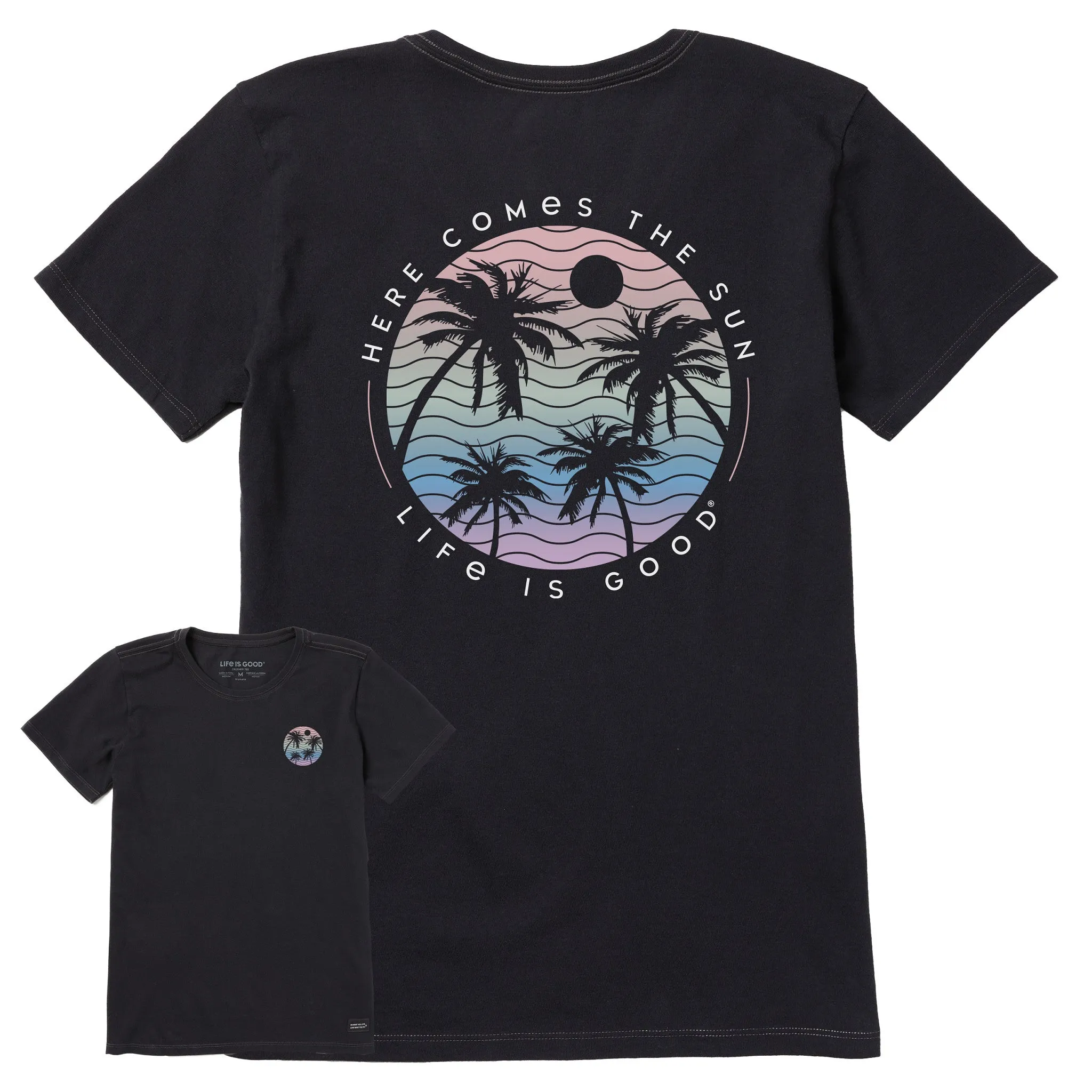 Women's Here Comes the Sun Palm Trees Short Sleeve Tee sold by Life is Good