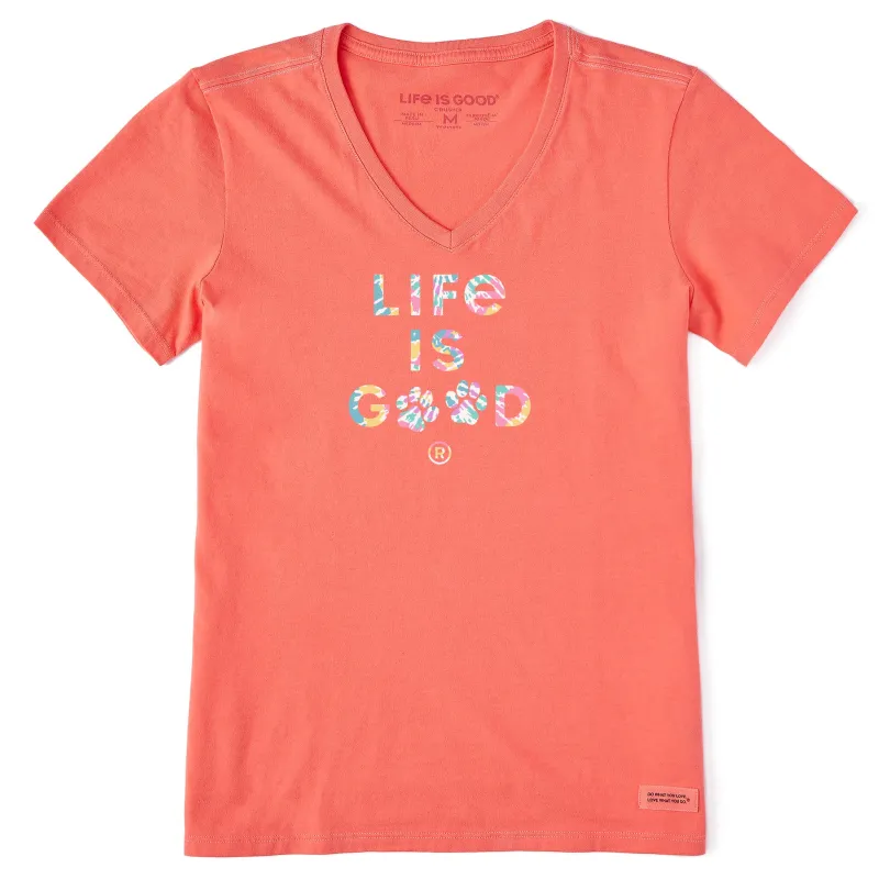 Women's Tie Dye Life is Good Paw Print Short Sleeve Crusher-LITE Vee sold by Life is Good