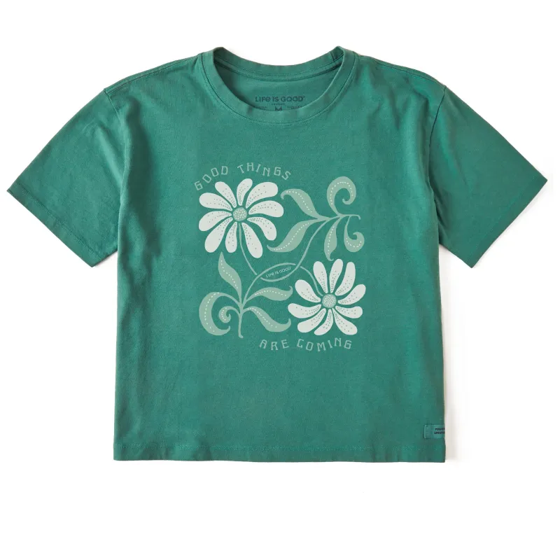 Women's Good Things are Coming Daisies Short Sleeve Crusher Boxy Tee sold by Life is Good