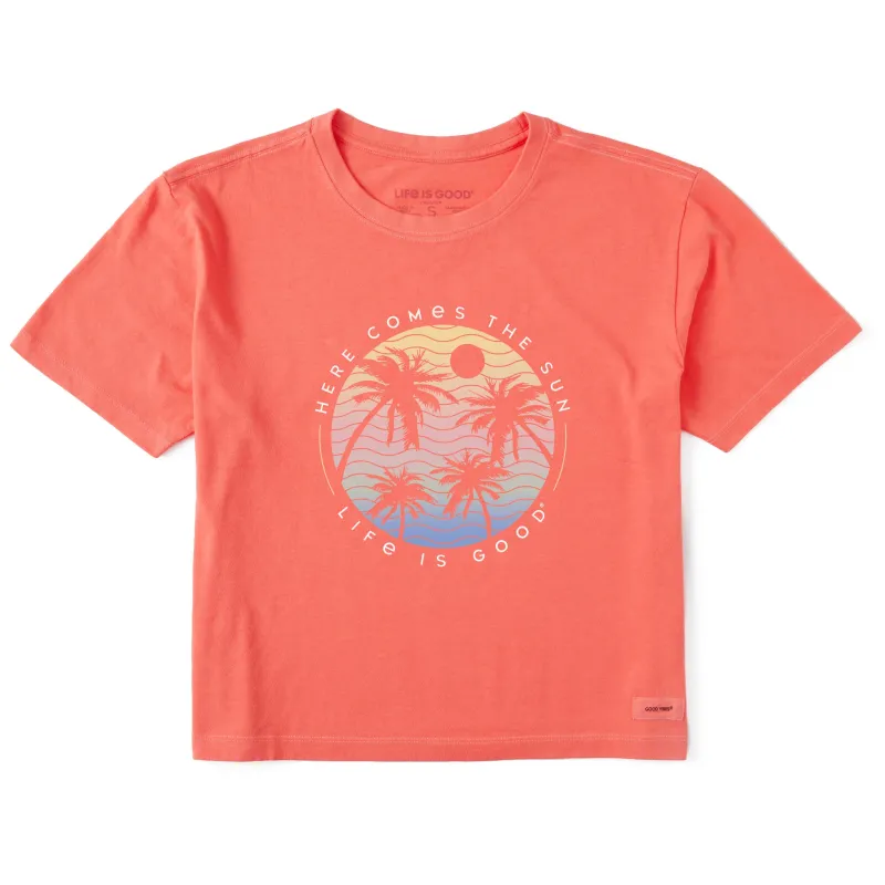 Women's Here Comes the Sun Palm Trees Short Sleeve Crusher Boxy Tee sold by Life is Good