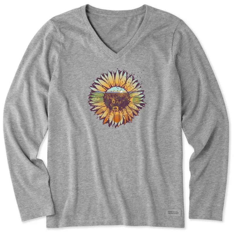 Women's Sunflowerscape Long Sleeve Crusher Vee sold by Life is Good