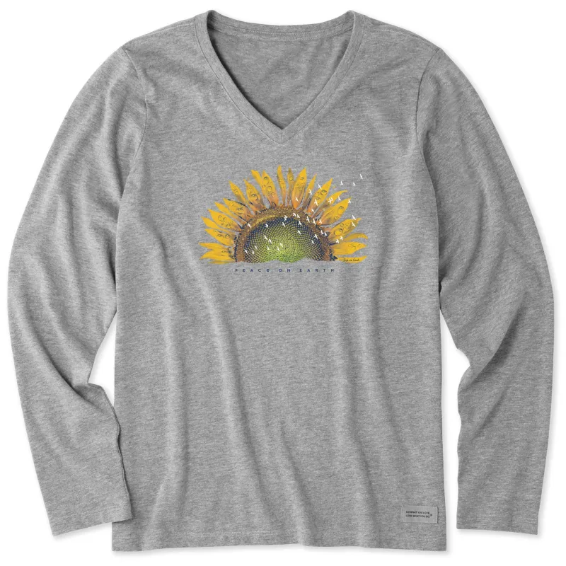 Women's Sunflower Dew Peace on Earth Long Sleeve Crusher Vee made by Life is Good