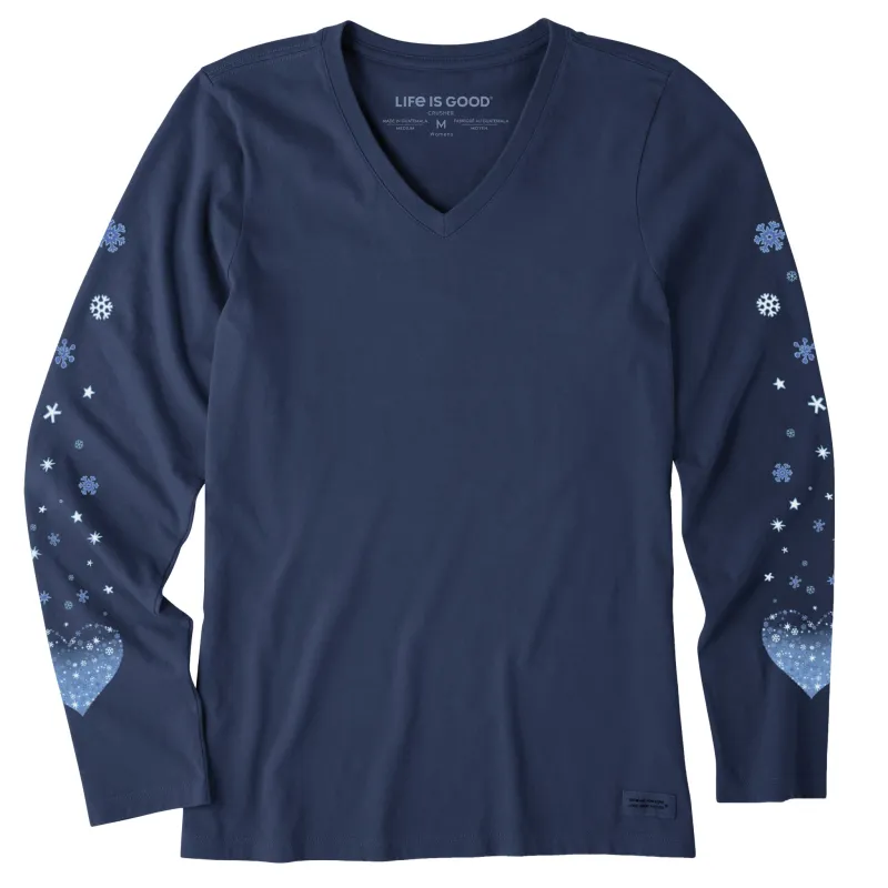 Women's Winter Heart Snowflakes Long Sleeve Crusher Vee sold by Life is Good