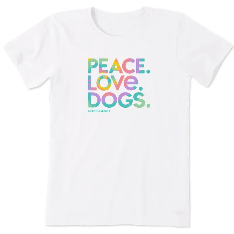 Women's Tie Dye Peace Love Dogs Short Sleeve Crusher Tee sold by Life is Good