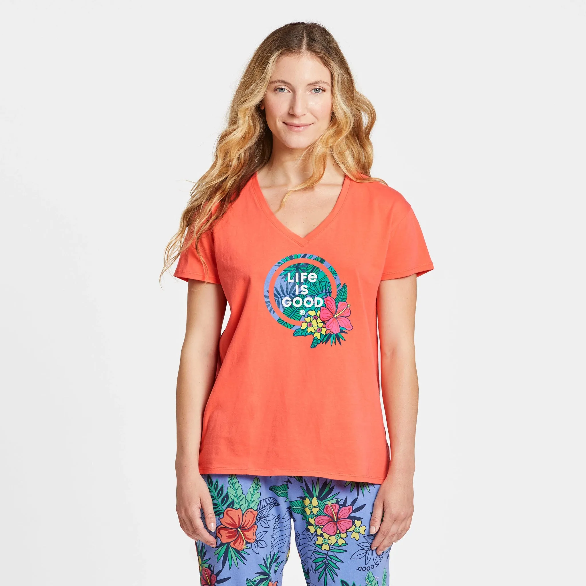 Women's Tropical Hibiscus Palm Coin Snuggle Up Relaxed Sleep Vee sold by Life is Good