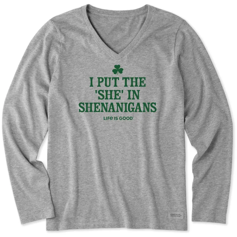 Women's She-Nanigans Long Sleeve Crusher Vee sold by Life is Good