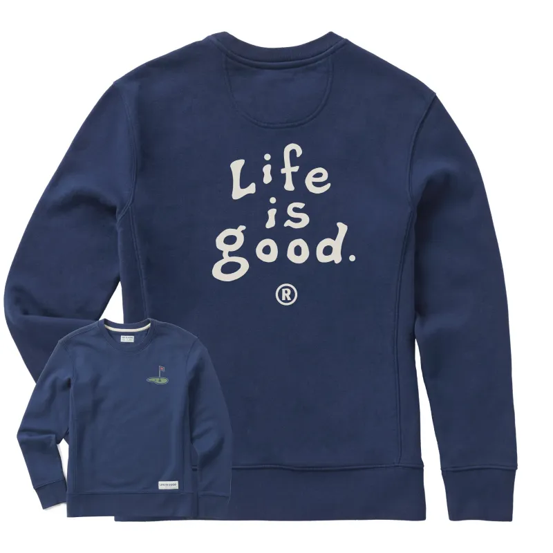 Women's LIG Vintage Wordmark Stacked Simply True Fleece Crew sold by Life is Good