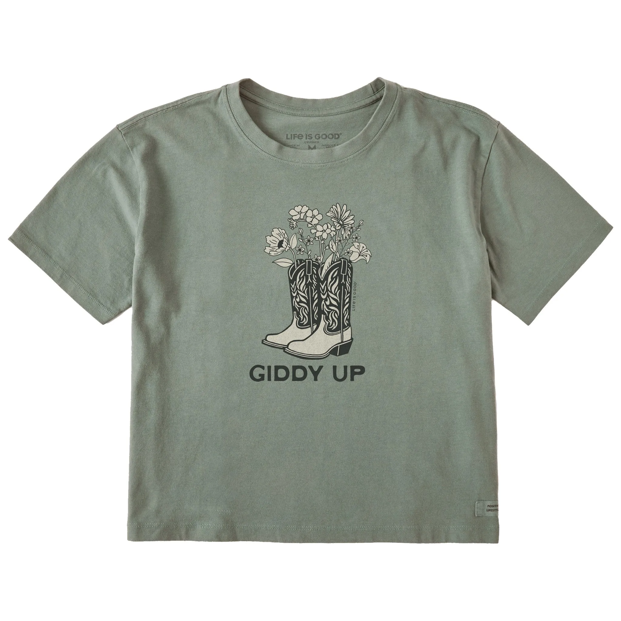 Women's Giddy Up Flower Boots Short Sleeve Crusher Boxy Tee sold by Life is Good