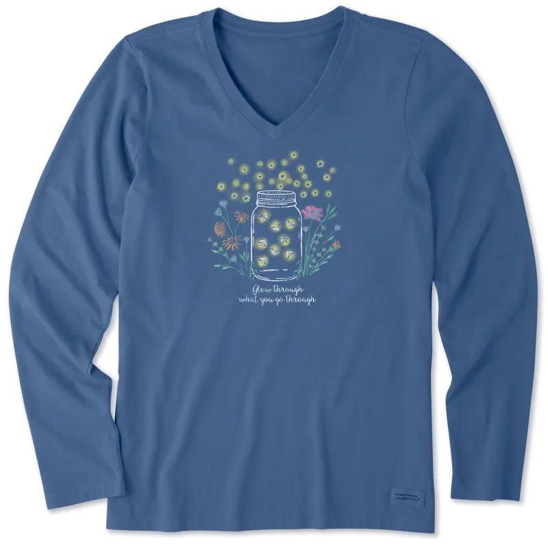 Women's Fireflies Flowers Jar Long Sleeve Crusher Vee sold by Life is Good