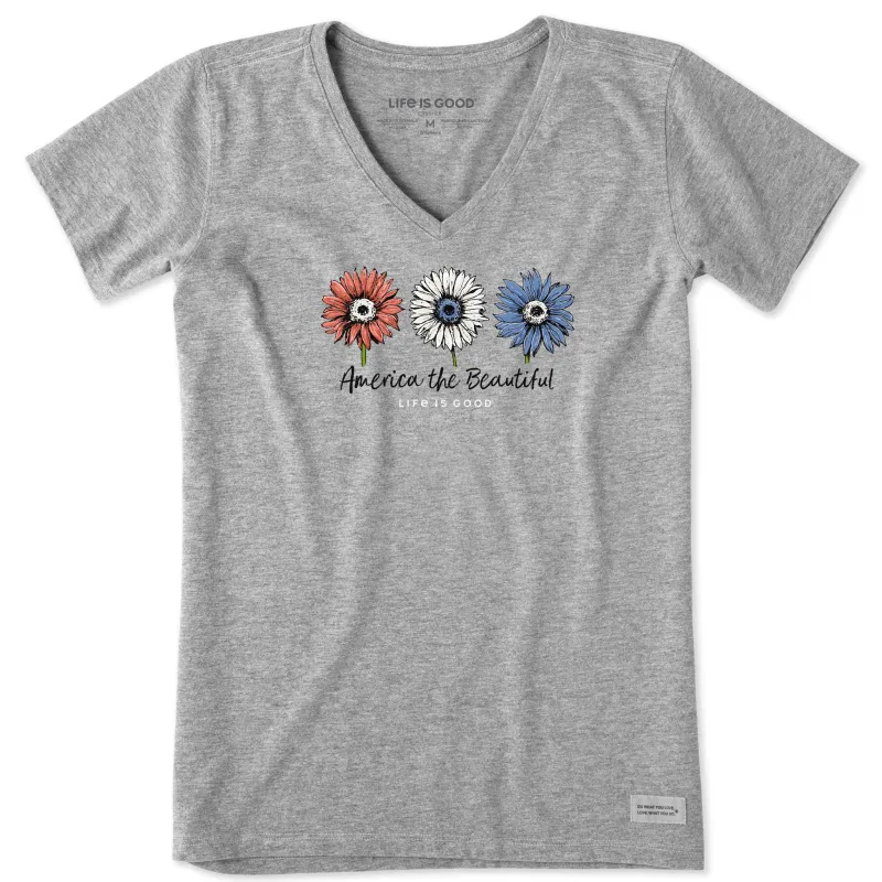 Women's America the Beautiful Sunflowers Short Sleeve Vee sold by Life is Good