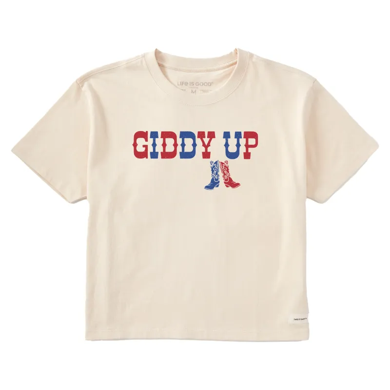 Women's Woodcut Giddy up Boots Short Sleeve Crusher Boxy Tee sold by Life is Good