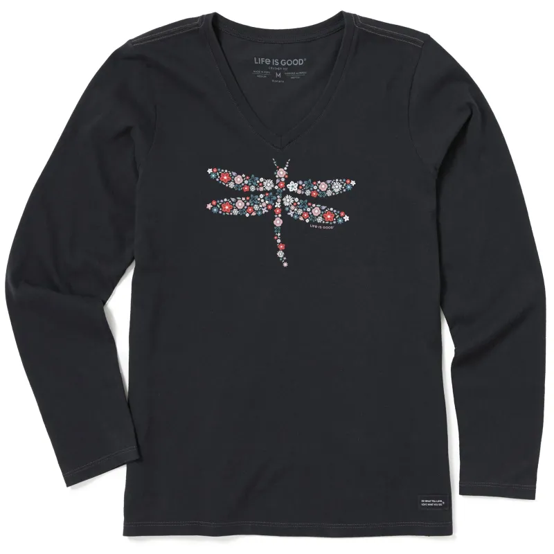 Women's Dragonfly Flowers Long Sleeve Crusher Vee sold by Life is Good