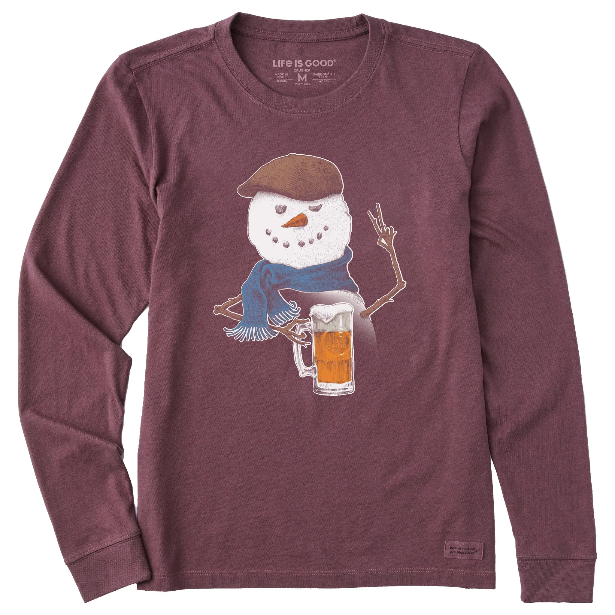 Women's Peaceful Snowman w Beer Long Sleeve Crusher Tee sold by Life is Good