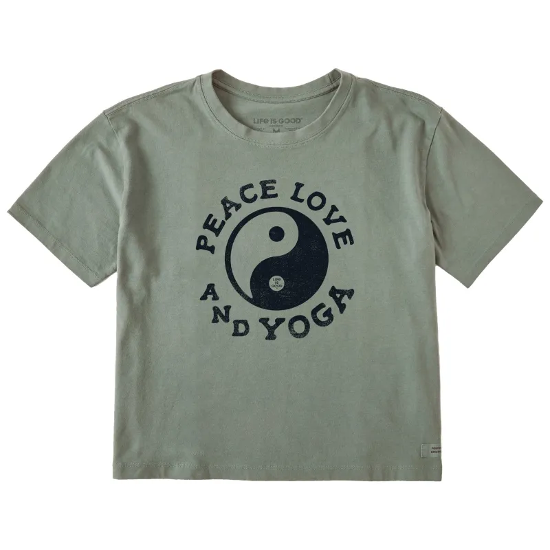 Women's Peace, Love & Yoga Short Sleeve Crusher Boxy Tee sold by Life is Good