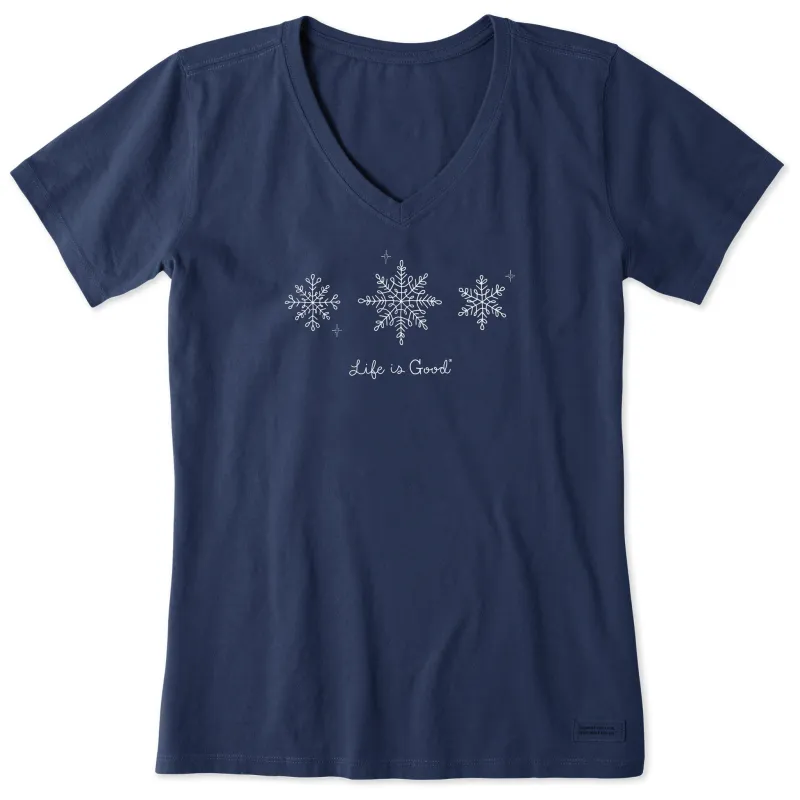 Women's Three Doodle Snowflakes Short Sleeve Crusher Vee sold by Life is Good