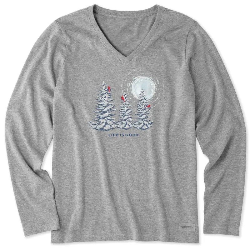 Women's Snowy Pines with Cardinals Long Sleeve Crusher Vee made by Life is Good