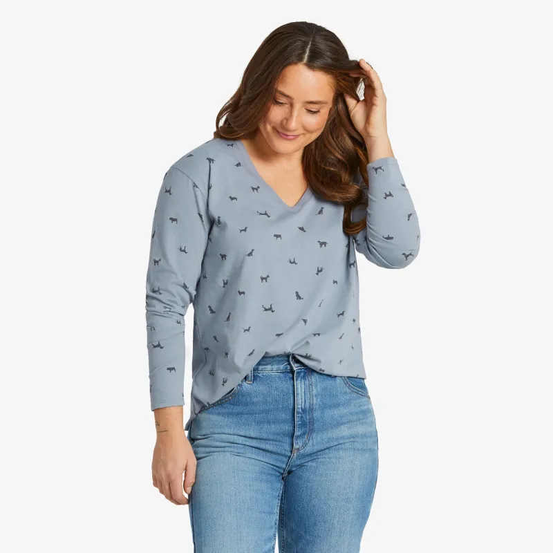Women's Dog Ditsy Pattern Long-Sleeve Crusher-LITE Easy Vee sold by Life is Good