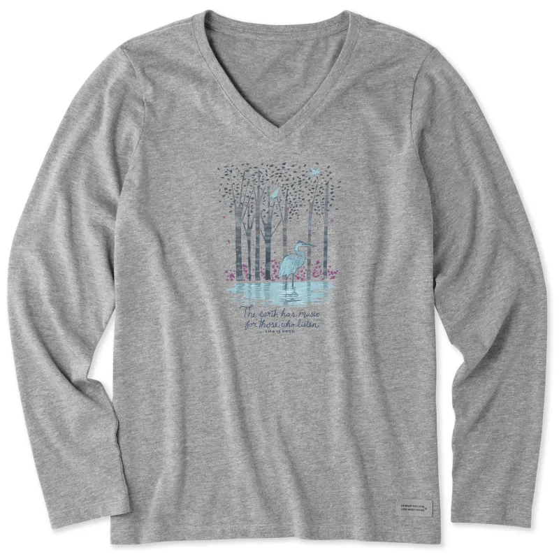 Women's Earth Has Music Heron Long Sleeve Crusher Vee sold by Life is Good