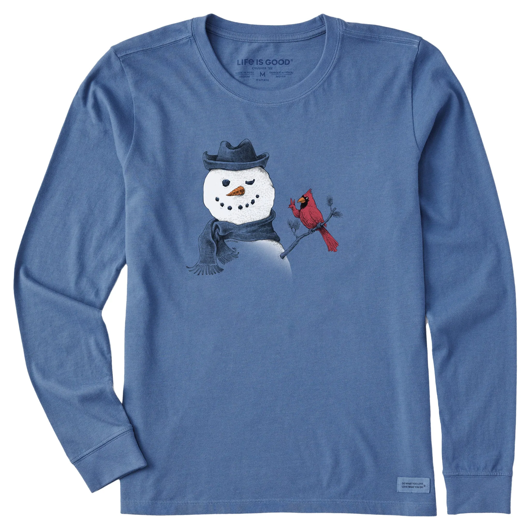 Women's Peaceful Snowman w Cardinal Long Sleeve Crusher Tee sold by Life is Good