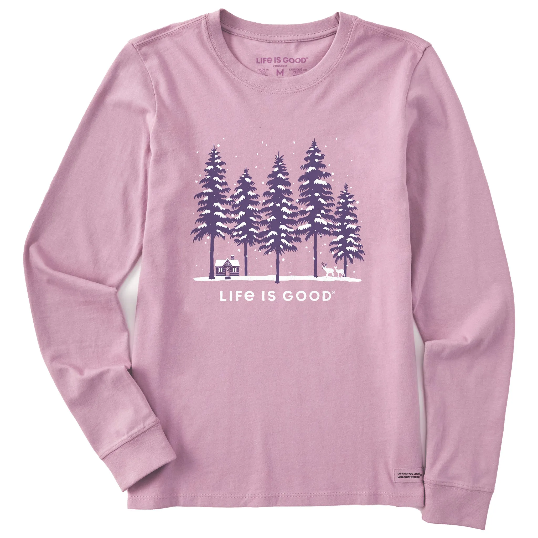 Women's Snowy Winter Cabin Scene Long Sleeve Crusher Tee sold by Life is Good