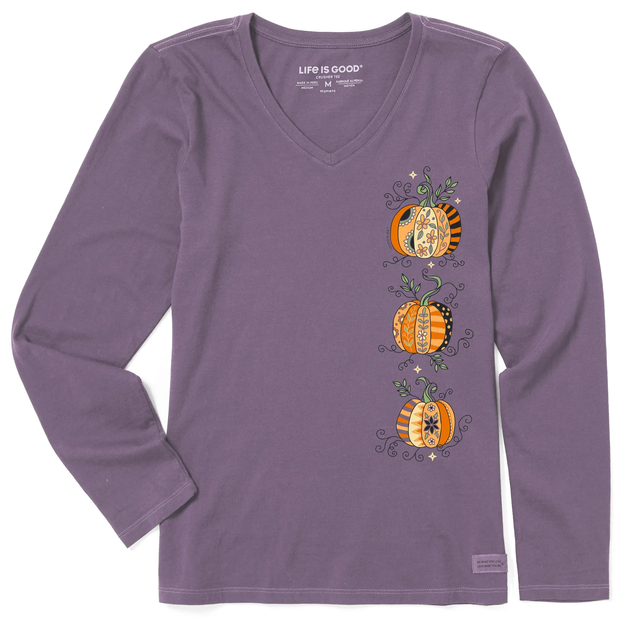 Women's Three Patchwork Pumpkins Long Sleeve Crusher Vee sold by Life is Good